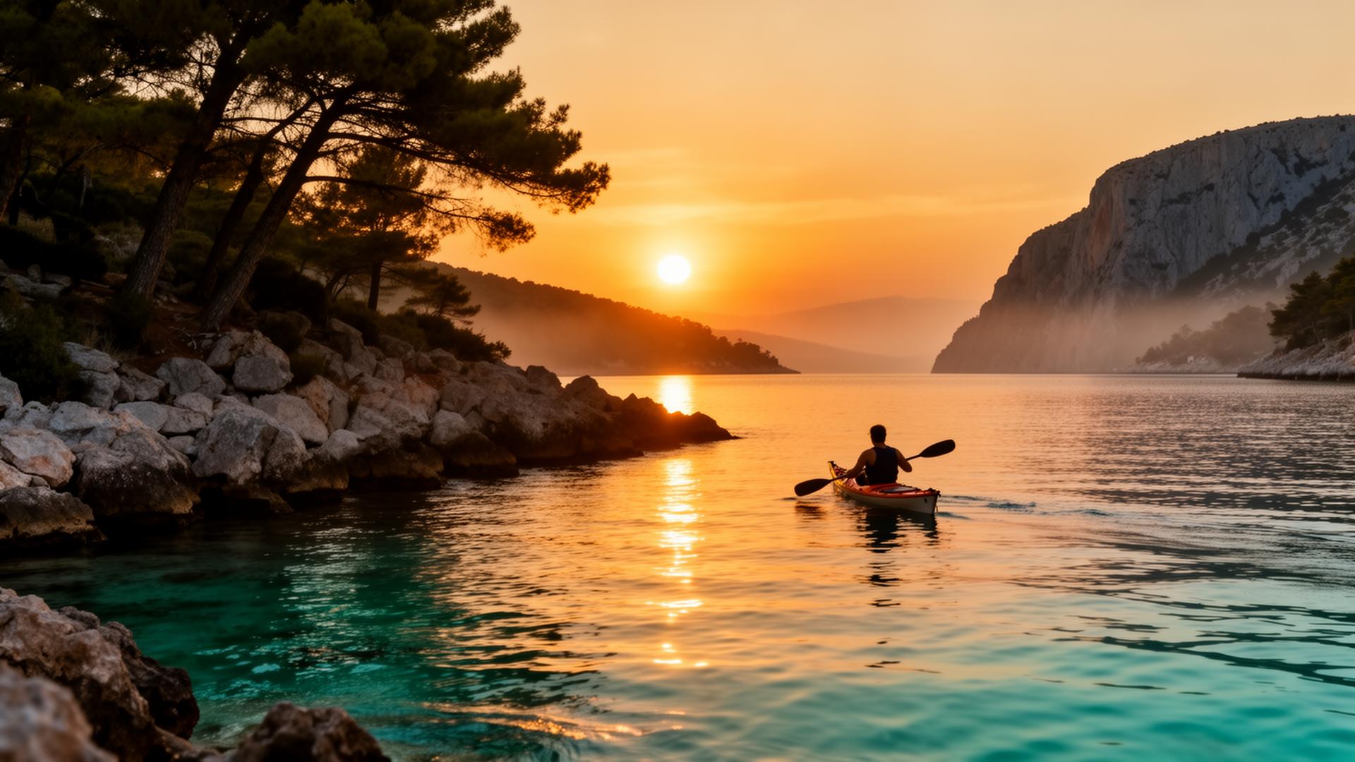 Sea kayaker silhouetted against an Adriatic sunset off Čiovo island